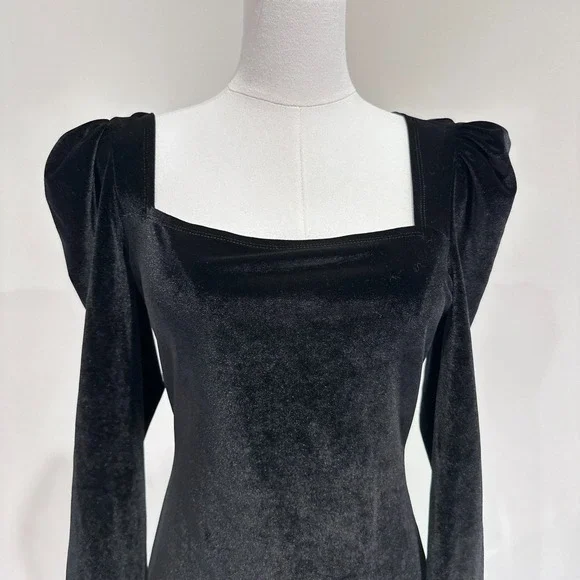 Reformation Lunar Dress Black‎ Velvet Long Sleeve Mini Puff Sleeve | Size S - Picture 3 of 8